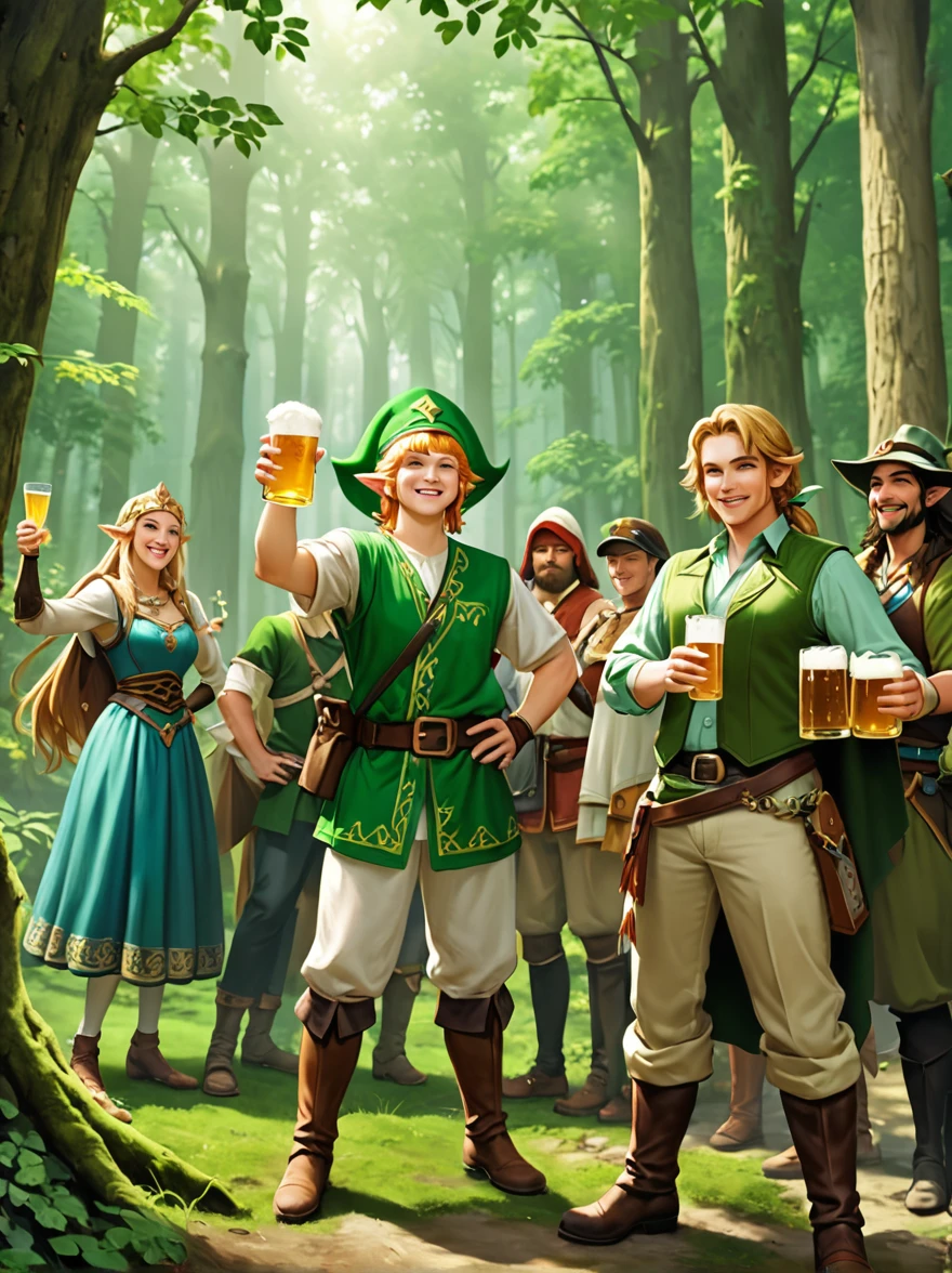 Still image in realistic art style，(Link Standing in the middle)，A group of happy The Legend of Zelda characters, (Male and female)Wearing various The Legend of Zelda game culture costumes，They hold beer mugs，Gathering in an ancient forest，There is food and drinks，Celebrate St. Patrick&#39;s Day，Shamrock，Perfect hands，Shooting from above，at night，Shallow depth of field，Vignette，Highly detailed，High Budget，Bokeh，Widescreen，Moody，epic，gorgeous，Film Grain，Graininess