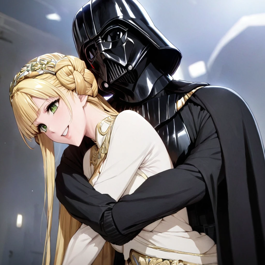 ((Highest quality)), ((masterpiece)), (detailed), （Perfect Face）、The woman is a Stormtrooper named Tiare, with green eyes, blonde medium-length hair, and a Princess Leia hairstyle. She is wearing a luxurious Princess Leia costume of black with gold embroidery and trim, and a luxurious black cloak.、The woman is hugging Darth Vader and smiling fondly at him.