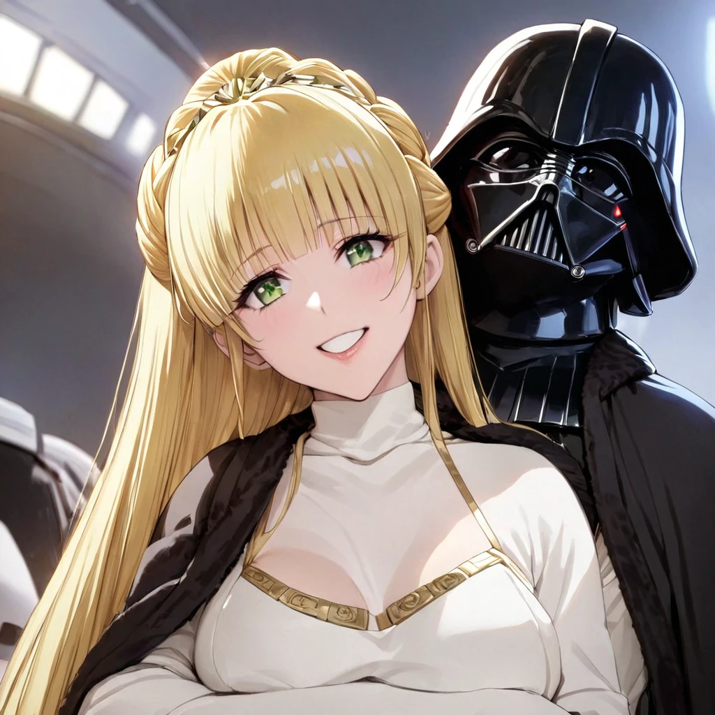 ((Highest quality)), ((masterpiece)), (detailed), （Perfect Face）、The woman is a Stormtrooper named Tiare, with green eyes, blonde medium-length hair, and a Princess Leia hairstyle. She is wearing a luxurious Princess Leia costume of black with gold embroidery and trim, and a luxurious black cloak.、The woman is hugging Darth Vader and smiling fondly at him.