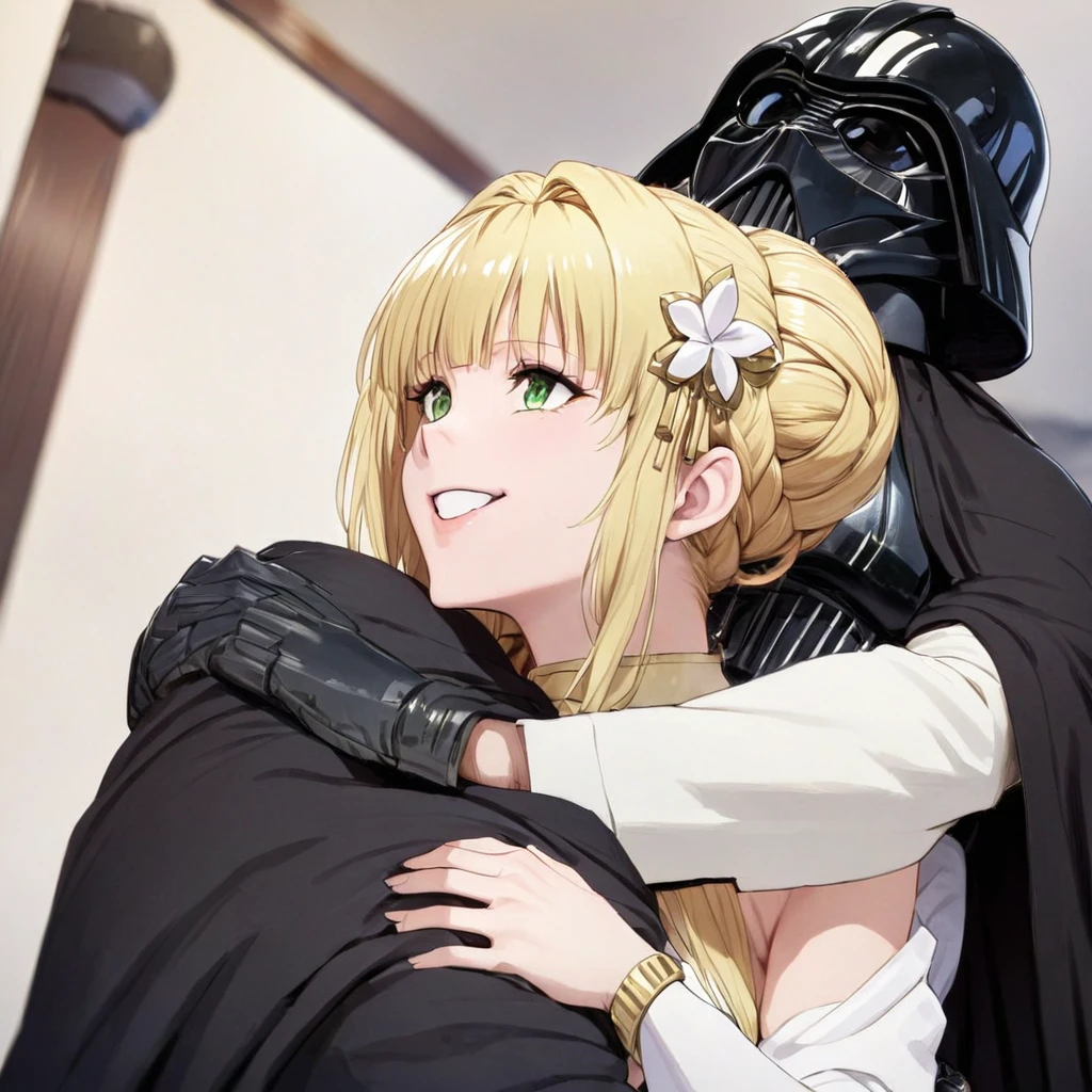 ((Highest quality)), ((masterpiece)), (detailed), （Perfect Face）、The woman is a Stormtrooper named Tiare, with green eyes, blonde medium-length hair, and a Princess Leia hairstyle. She is wearing a luxurious Princess Leia costume of black with gold embroidery and trim, and a luxurious black cloak.、The woman is hugging Darth Vader and smiling fondly at him.