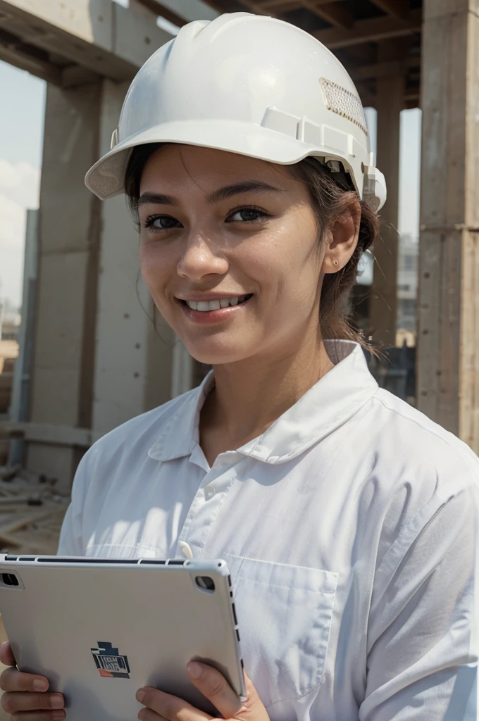 ((Best Quality)), ((Masterpiece)), (detailed), civil construction professional, wearing white helmet without logo, holding tablet looking at the horizon with a smile, in a construction environment, Well defined face, natural and well defined eyes, don't let your hands be seen, ultra realistic age between 35 to 40 years, wearing safety vest with details without logos