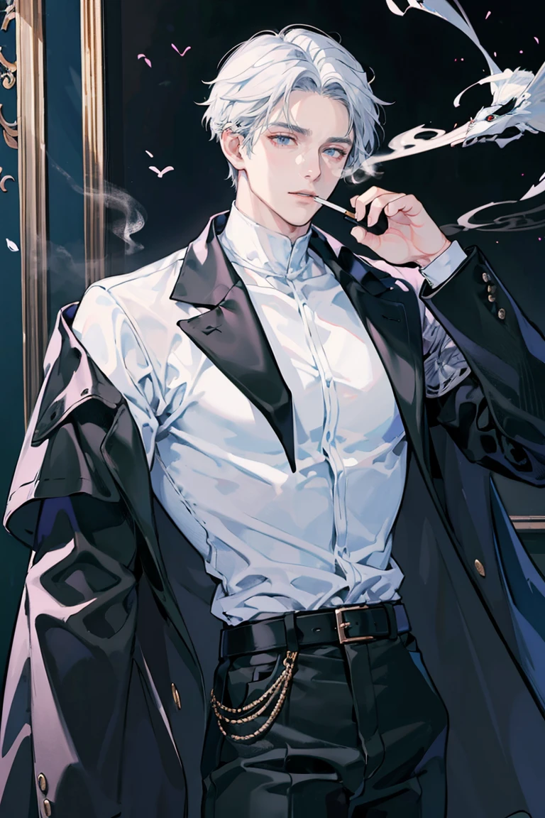 (masterpiece), best quality, seductive eyes, mature face, handsome man, jet black eyes, white elegant hair, black turtleneck, black pants, black coat, broad shoulders, anime cover, 1boy, masculine, smoking, adult-like look