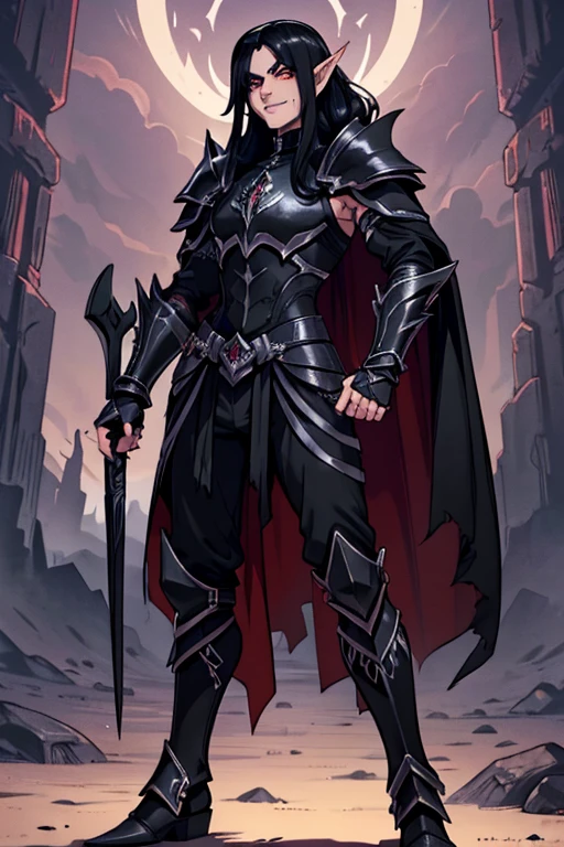 male, black long hair in ponytail, orange eyes, dark elf, dark skin, pointed ears, (((1boyl))), (((black metal armor))), (black metal clawed gauntlets), (black metal boots), (black metal shoulder guards), (black metal hip guards), (black metal helm), (red cape), (purple pants), long legs, smiling, handsome