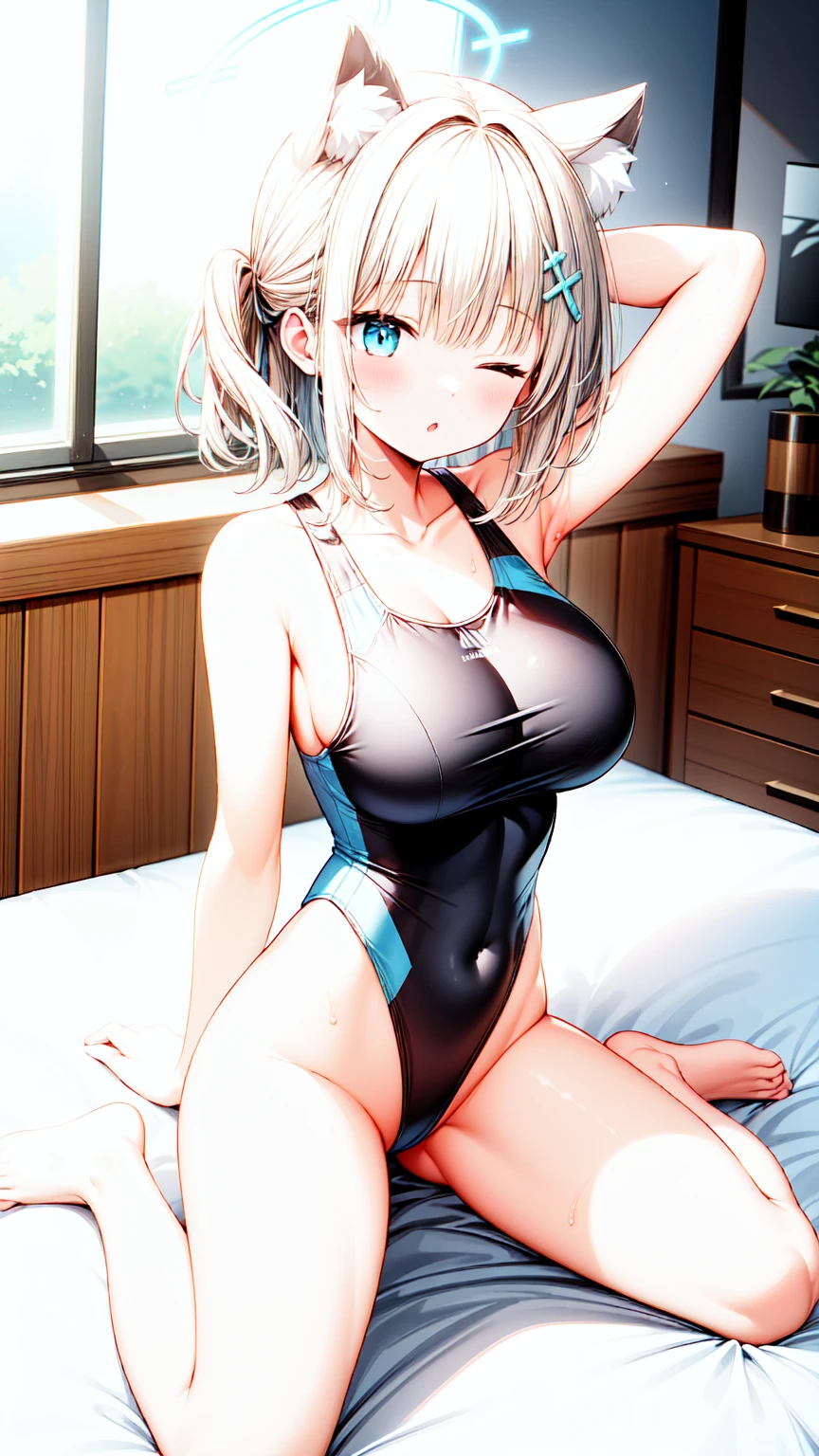 1girl,masterclass,best quality, illustration, solo, large , shirokoswim, ;o, one eyes closed,on bed,blush,breastbody,wariza,spread legs,abehind head, direct lighting to face