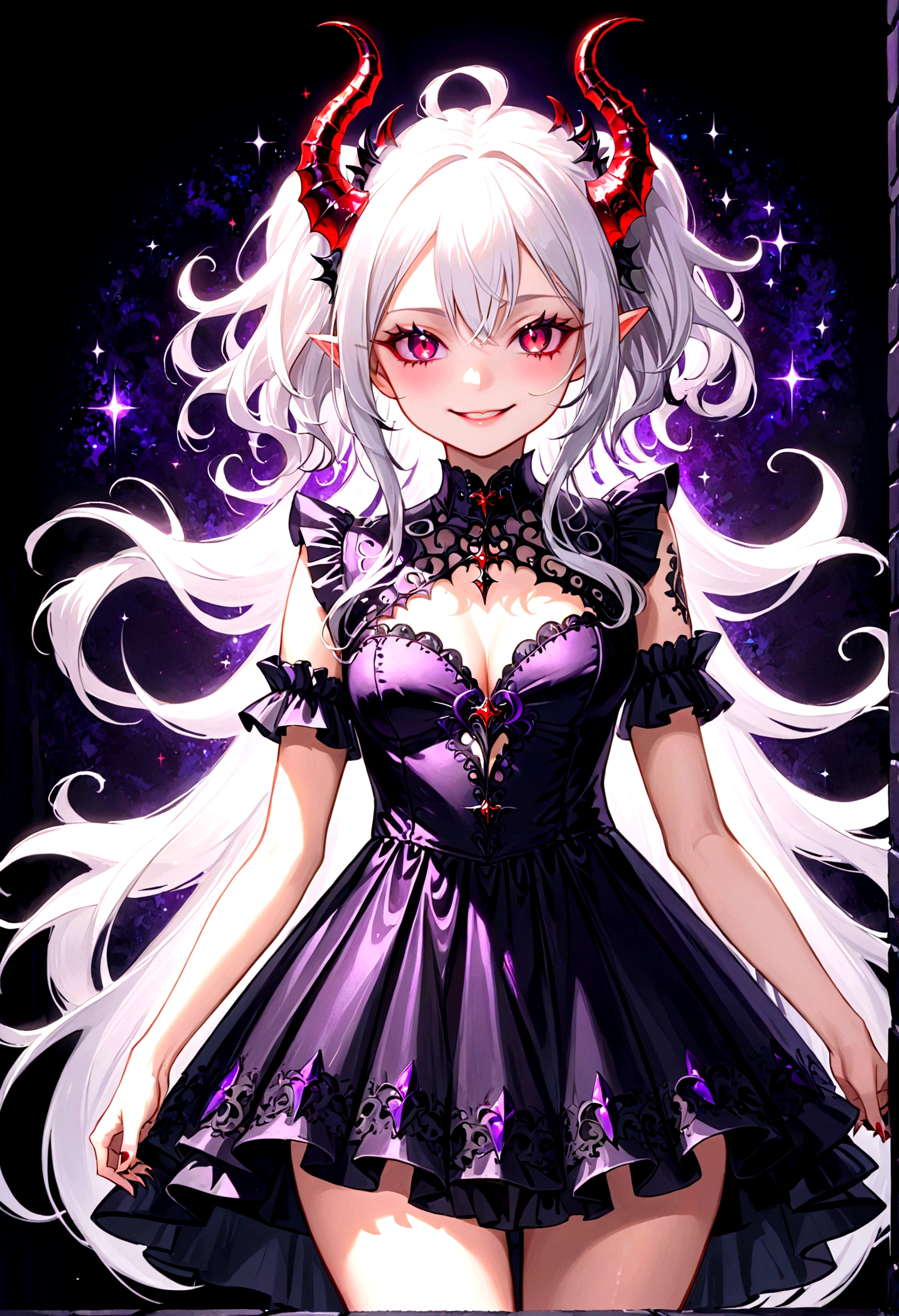 White hair demon woman red eyes big psychopathic smile in sexy gothic dress standing dark background with purple sparkles 