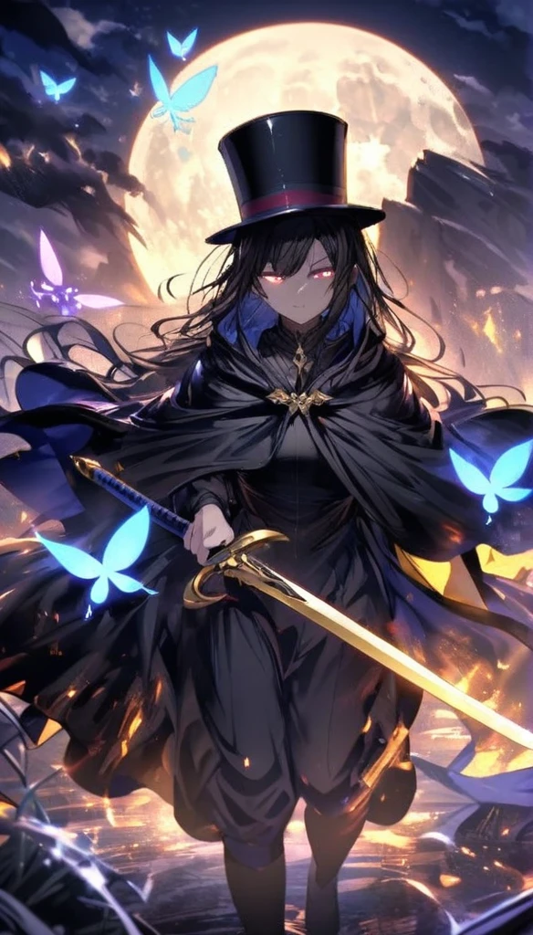 Holding a sword, a shadowy face, glowing eyes, a black cloak, a black top hat, a blue full moon, a blue fairy, a golden aura, a black-haired man