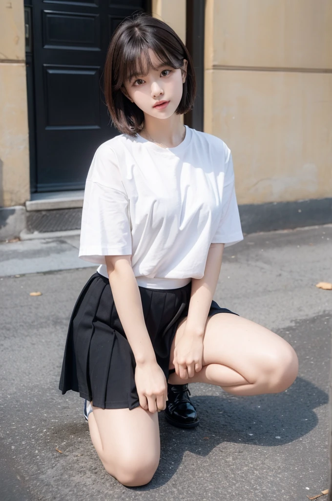 The upper body is wearing a white shirt,Wearing a JK skirt and black,Kneeling on the ground