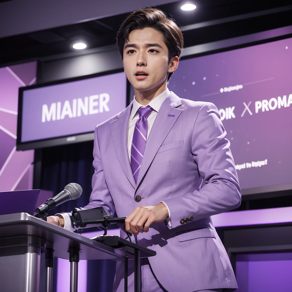 Create an image of a man wearing a light purple suit, standing confidently at a podium and speaking into a microphone as if engaging in a debate or delivering a persuasive speech. Capture the intensity and passion of a debater type, with the podium and microphone emphasizing the public speaking aspect.