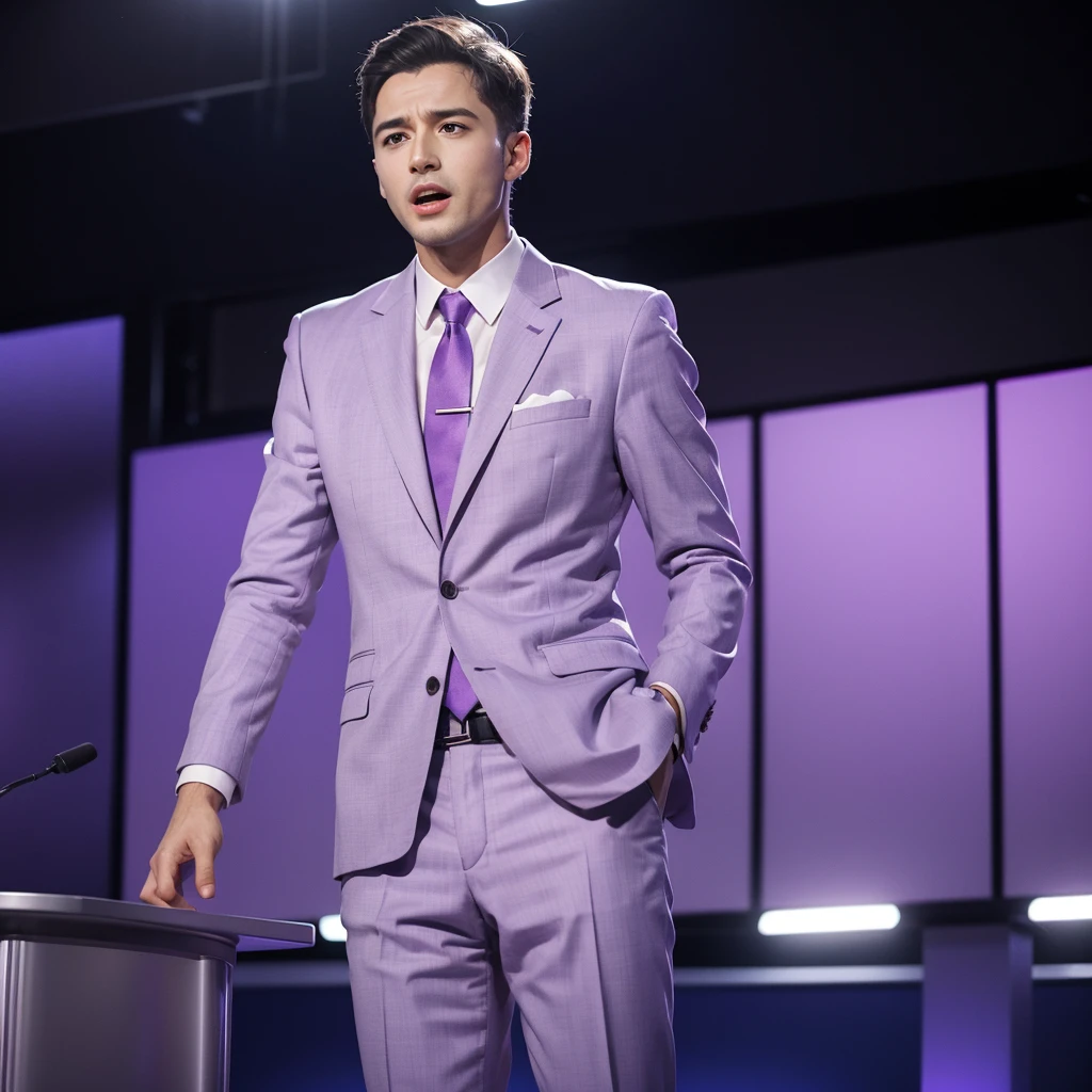 Create an image of a man wearing a light purple suit, standing confidently at a podium and speaking into a microphone as if engaging in a debate or delivering a persuasive speech. Capture the intensity and passion of a debater type, with the podium and microphone emphasizing the public speaking aspect.