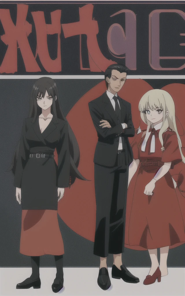 90s anime Evil black business woman in a red skirt suit full body  