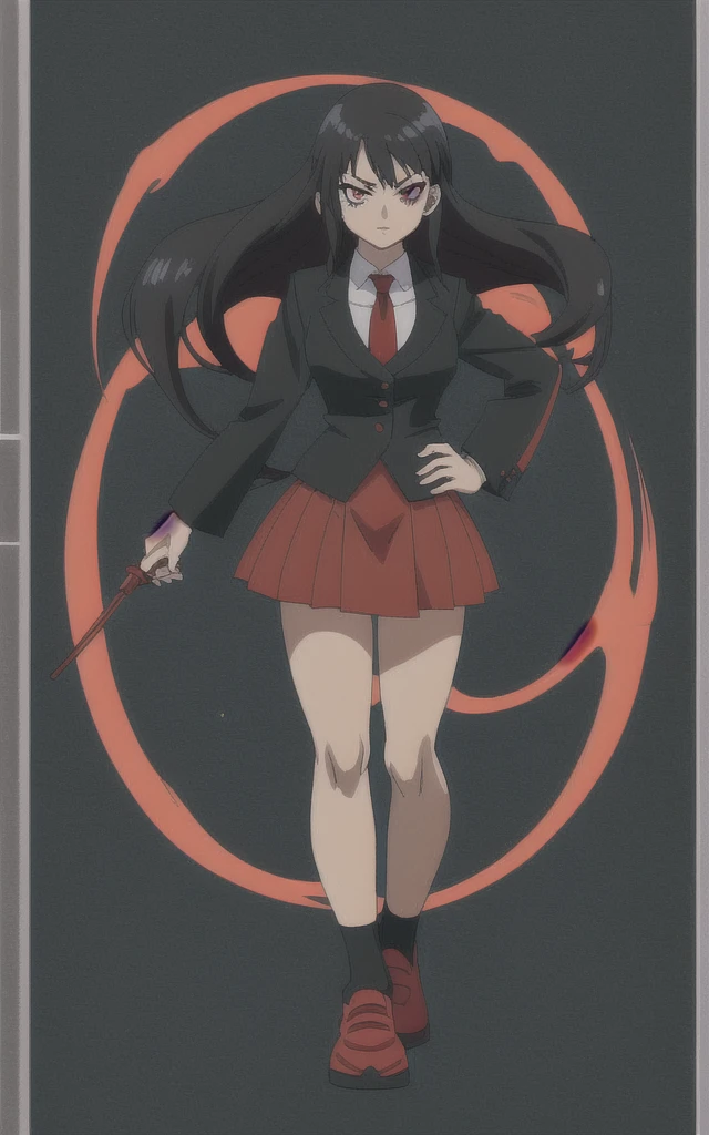 90s anime Evil black business woman in a red skirt suit full body  