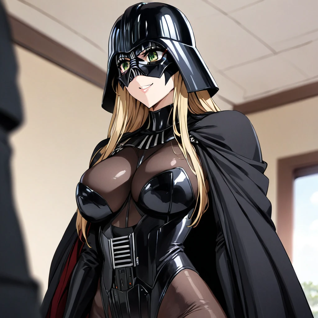 ((Highest quality)), ((masterpiece)), (detailed), (Perfect Face)、The woman is the Sith Lord Tearju, with green eyes and blonde medium-long hair, a female version of Darth Vader, wearing the same bodysuit and protector as Darth Vader, a full-face helmet as Darth Vader, and a black cloak.、The woman is standing next to Darth Vader and smiling sweetly at him.