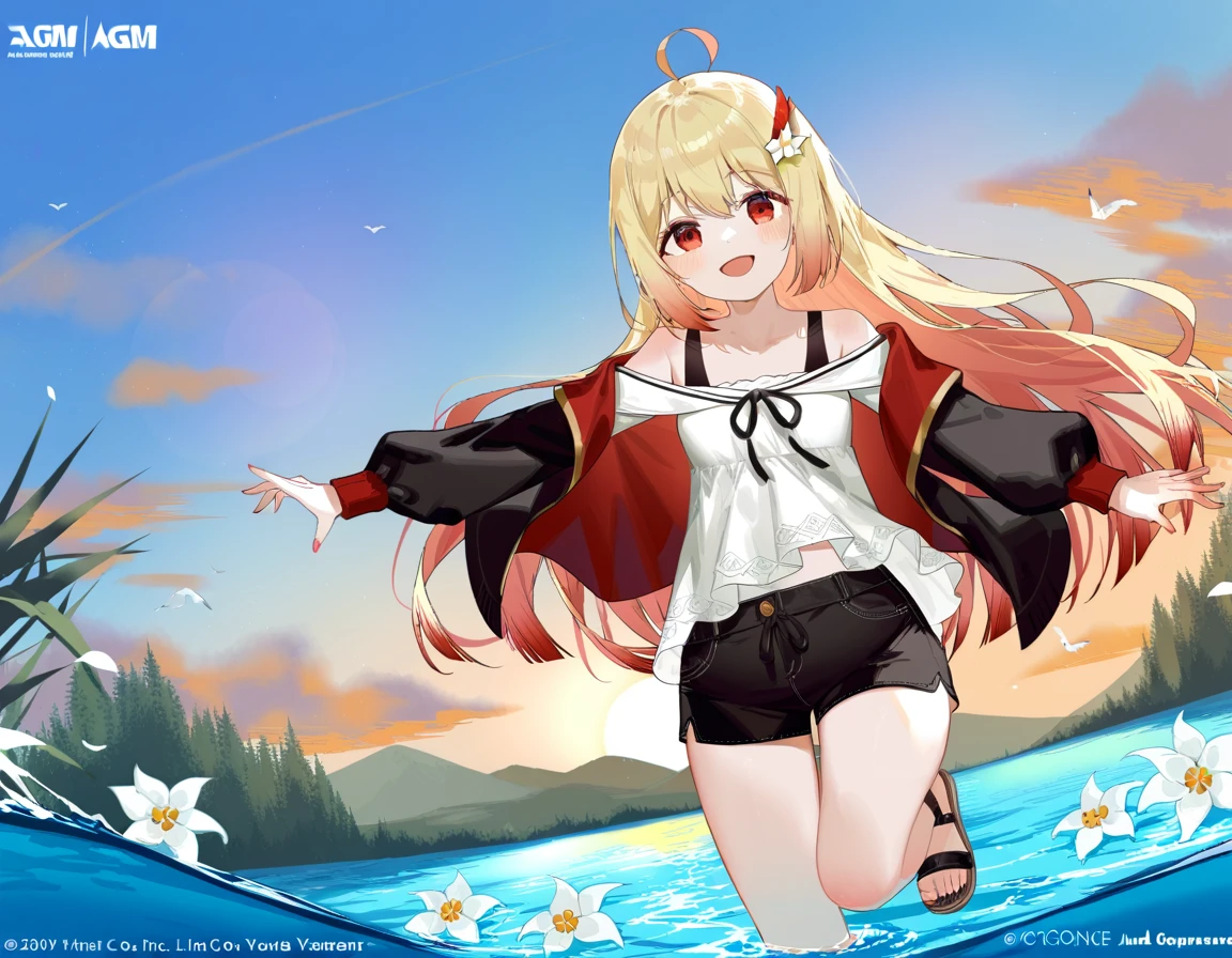 1girl, (azumi kazuki:1.1), ciloranko:1.1, (omone_hokoma_agm:1.1), ((absurdres, official art, masterpiece)), best aesthetic, best quality, ultra detailed, intricate details, new, newest, glossy hair, moist skin, 18 years old, depth perception, solo, subject focus:1.1, depth perception, empty eyes, red eyes, solo, outdoors, long hair, shorts, water, ahoge, looking at viewer, long sleeves, sunset, standing, bare shoulders, hair ornament, black shorts, sandals, smile, wading, open mouth, sky, standing on one leg, shirt, flower, sun, hair between eyes, short shorts, blonde hair, very long hair, :d, dress, white flower, outstretched arm, cloud, off shoulder, black footwear, painterly, oil painting style
