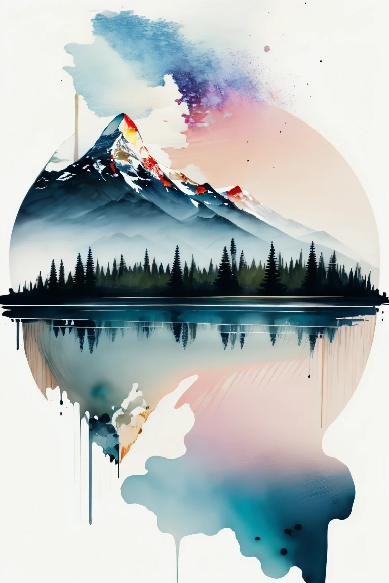 White Background, scenery, watercolor, Mountain々, water, wood, colorful,