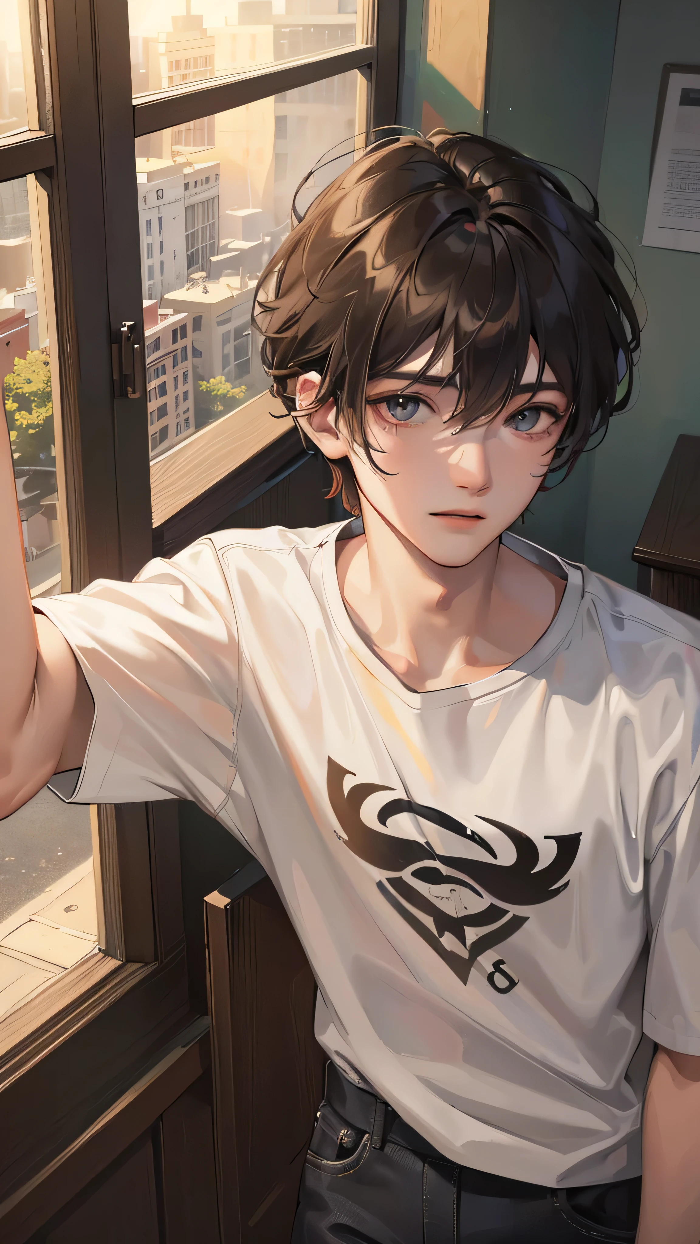 (best quality,4k,8k,highres,masterpiece:1.2),ultra-detailed, (looking at viewer) a young man in casual clothing, 22 years old, indoors next to window, dynamic lighting, detailed, splash colors, close up