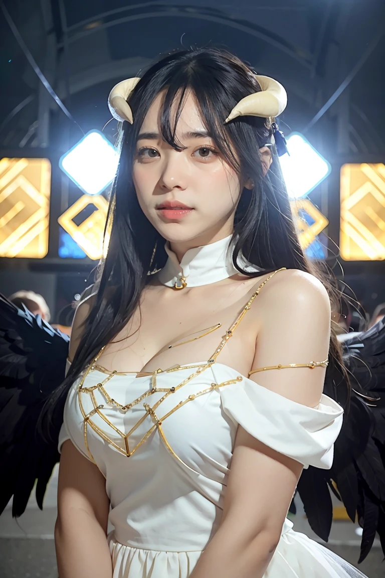 Masterpiece, Best quality, Ultra-detailed, illustration, epic lighting, Cinematic composition, isometry,(hexagons:1.2), 1girl, Horns, Solo, Yellow eyes, Black hair, Long hair, (Low wing:1.2), Large cleavage, Bare shoulders, hair between eye, Medium breasts, (White dress:1.1), Golden decoration, Detached collar, view the viewer, (view the viewer:1.1), parted lip, Blush, Black feathers fall, Arena, particle fx, (8K:1.1)