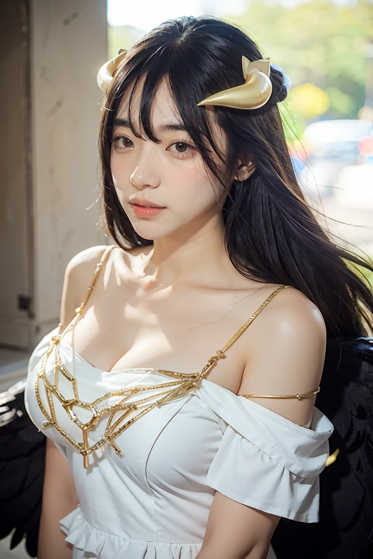 Masterpiece, Best quality, Ultra-detailed, illustration, epic lighting, Cinematic composition, isometry,(hexagons:1.2), 1girl, Horns, Solo, Yellow eyes, Black hair, Long hair, (Low wing:1.2), Large cleavage, Bare shoulders, hair between eye, Medium breasts, (White dress:1.1), Golden decoration, Detached collar, view the viewer, (view the viewer:1.1), parted lip, Blush, Black feathers fall, Arena, particle fx, (8K:1.1)
