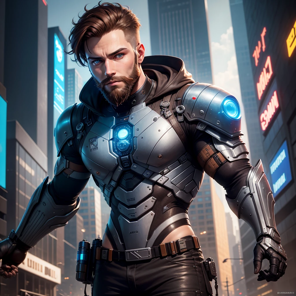 man, short beard, bionic arm, Cyberpunk, Brown hair, blue eyes, futuristic city, Very detailed, high resolution