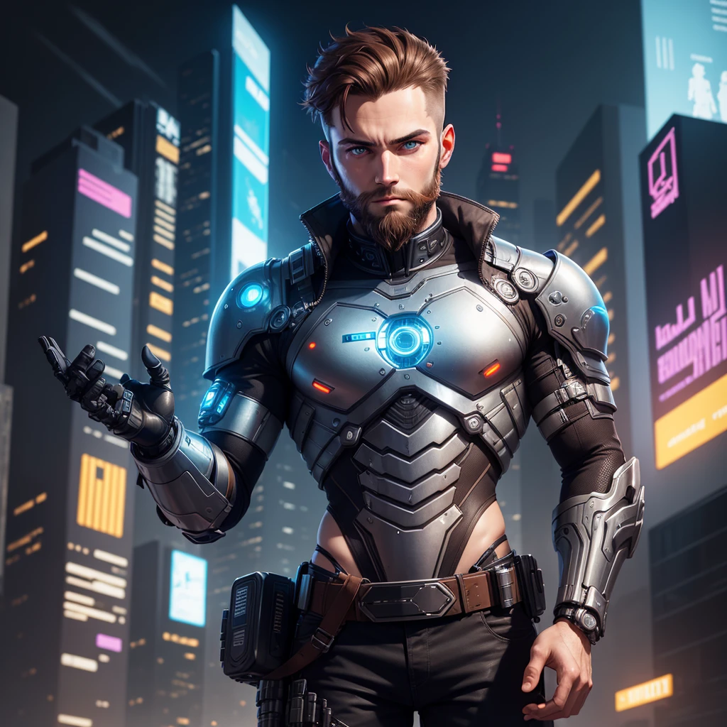man, short beard, bionic arm, Cyberpunk, Brown hair, blue eyes, futuristic city, Very detailed, high resolution 