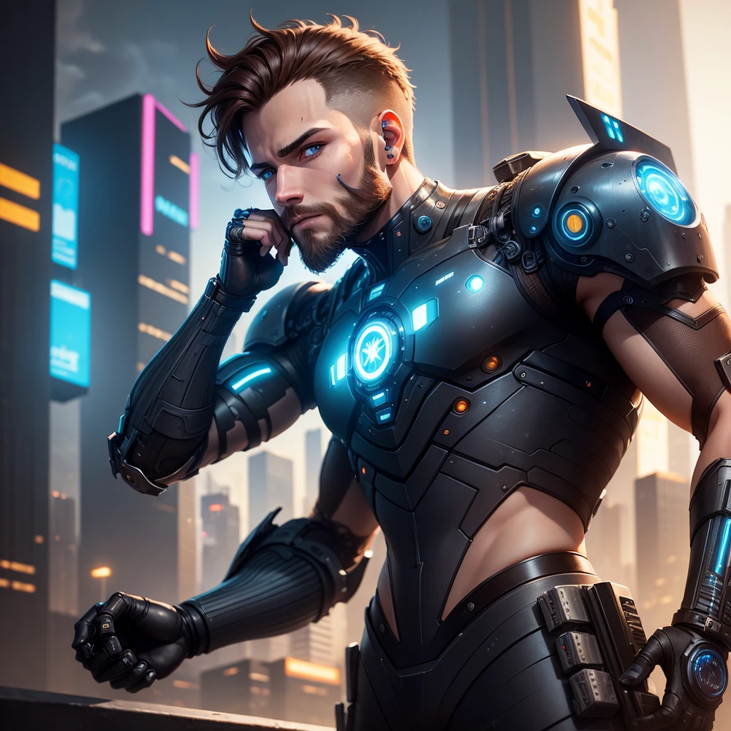 man, short beard, bionic arm, Cyberpunk, Brown hair, blue eyes, futuristic city, Very detailed, high resolution