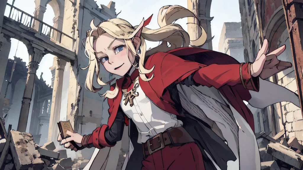 In ruins,Holding a red book,Elf girl ,Blond long hair,White Cape,cute