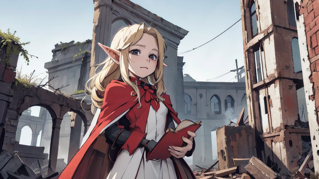 In ruins,Holding a red book,Elf girl 10 years old,Blond long hair,White Cape,cute