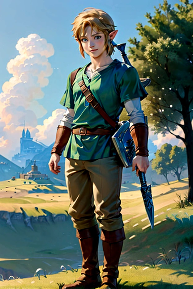((artwork)), (Highest quality), (detailed), ((1 boy)), (Link to the Legend of Zelda), smile, Full-body standing figure of a short-haired, blue-eyed boy、grassland、Beautiful sky