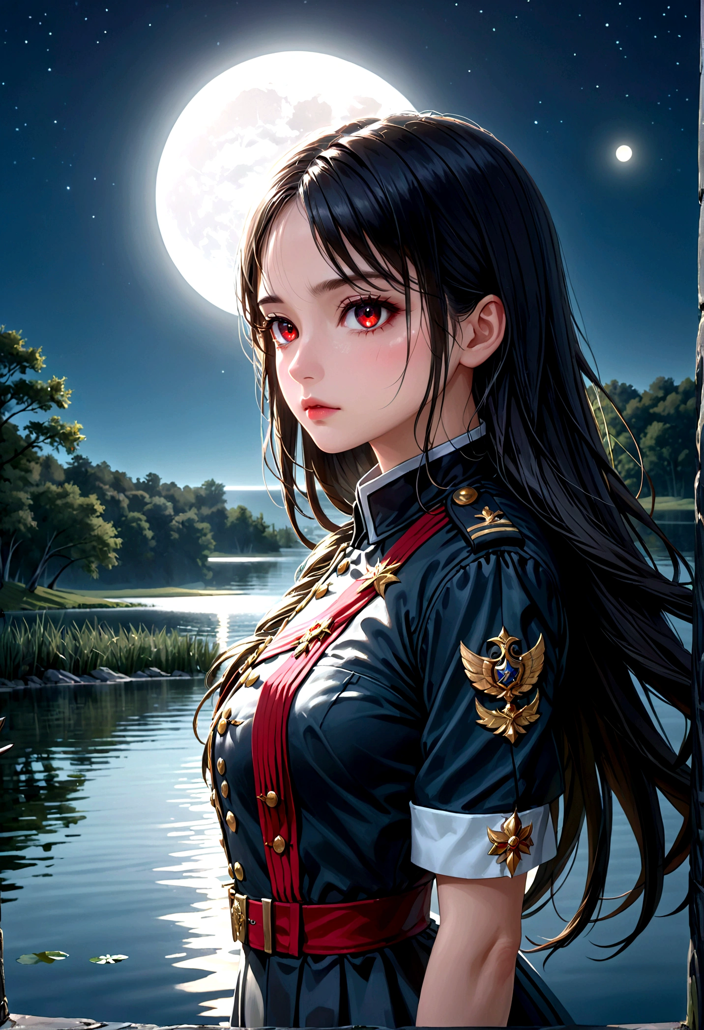 a beautiful young girl in a black military uniform, black long hair, red eyes, standing under a full moon with the moonlight casting shadows on her face, reflected in the calm waters of a lake, with ethereal, fantastical atmosphere, (best quality,4k,8k,highres,masterpiece:1.2),ultra-detailed,(realistic,photorealistic,photo-realistic:1.37),highly detailed face, eyes, lips, long eyelashes, dramatic lighting, dramatic shadows, beautiful detailed eyes, beautiful detailed lips, extremely detailed eyes and face, long eyelashes, military uniform, black hair, red eyes, full moon, moonlight, lake, water reflection, light particles, fantasy, dramatic, cinematic