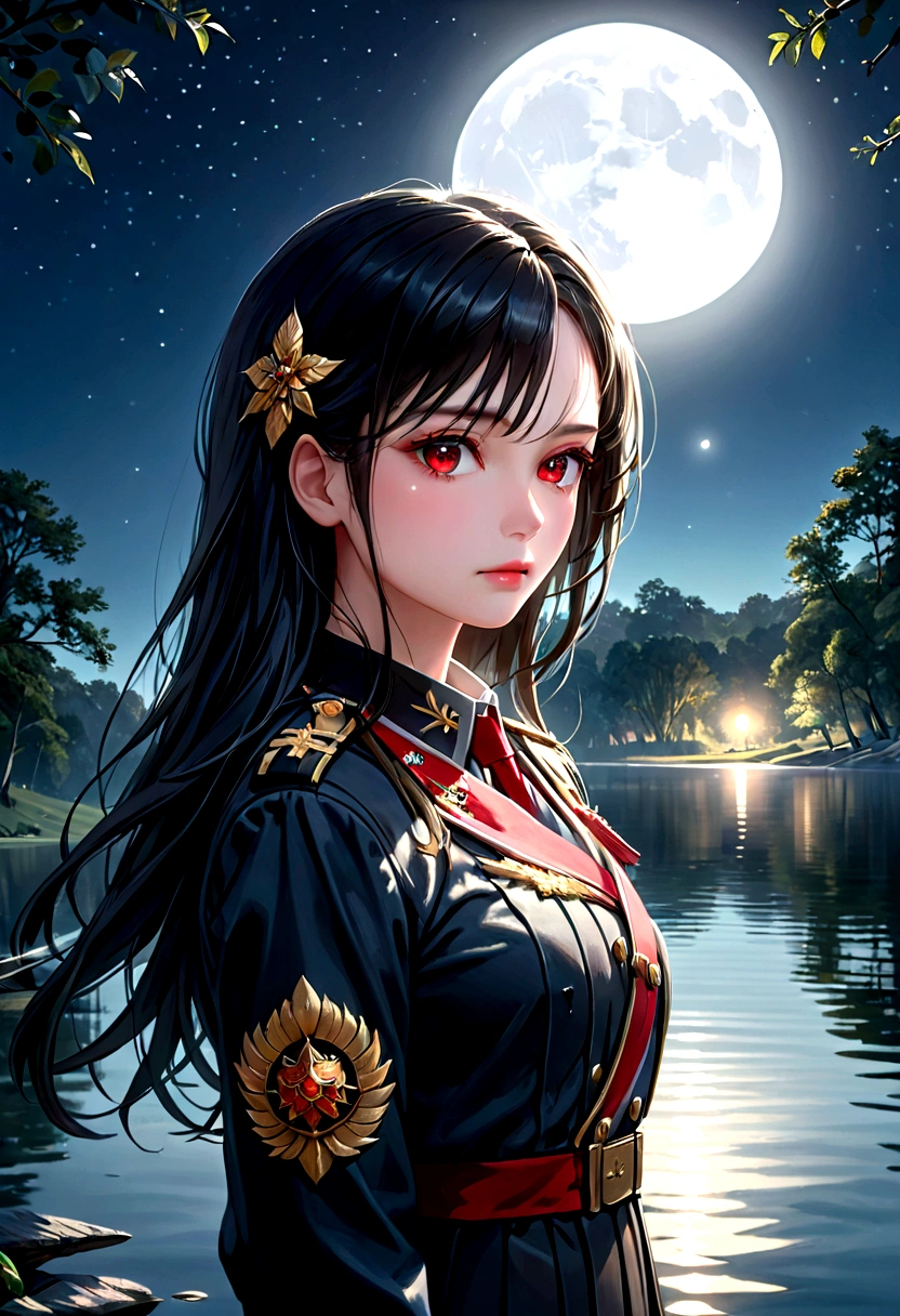 a beautiful young girl in a black military uniform, black long hair, red eyes, standing under a full moon with the moonlight casting shadows on her face, reflected in the calm waters of a lake, with ethereal, fantastical atmosphere, (best quality,4k,8k,highres,masterpiece:1.2),ultra-detailed,(realistic,photorealistic,photo-realistic:1.37),highly detailed face, eyes, lips, long eyelashes, dramatic lighting, dramatic shadows, beautiful detailed eyes, beautiful detailed lips, extremely detailed eyes and face, long eyelashes, military uniform, black hair, red eyes, full moon, moonlight, lake, water reflection, light particles, fantasy, dramatic, cinematic