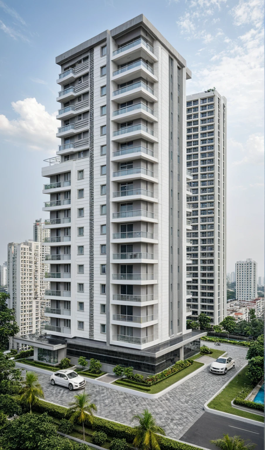 a residential towers, with a small podium at the ground floor and white color, in the Ho Chi Minh city in Viet Nam, The highlight is the grey wall, exuding a neat, sharp look., designed in the style of modern architectural style. The towers have rectangular balconies on each side.side view,During the daytime, natural lighting, architectural photography, masterpiece, best quality, photorealism, ultra relistic,