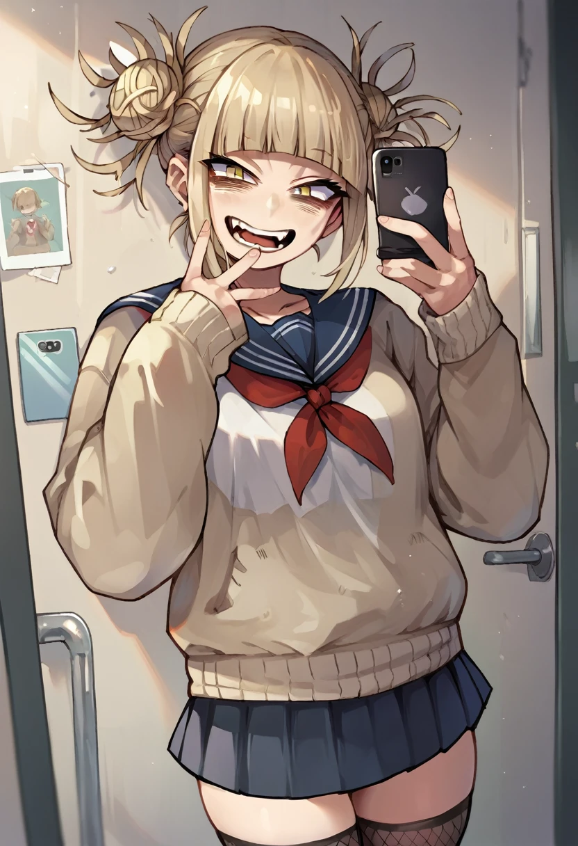 Himiko toga sexy wearing skirt and black fishnet stockings taking a selfie NO CELL PHONE IN OTHER HAND (whole body)