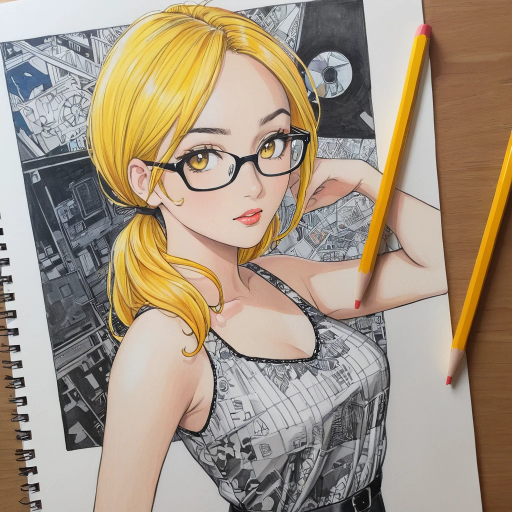  female，dress，white，Art，ad，colour pencil drawing，draft drawing ，comic collage，illustration，Black hair and yellow hair，Wearing glasses