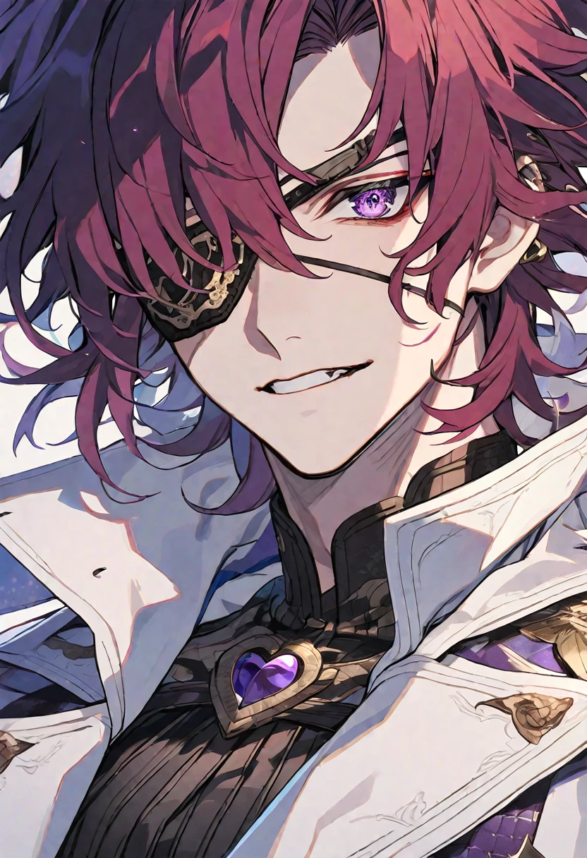 Solo, 1 male, dark red hair, purple eye, eye patch, white shirt, white coat