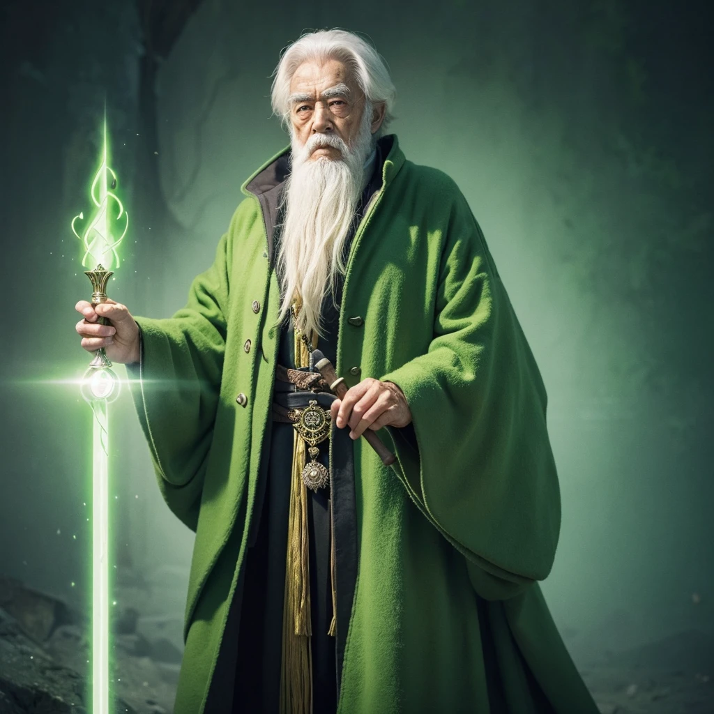 Create an image of an elderly person wearing a light green or lime green long coat, reminiscent of what a wizard would wear, and holding a short staff in one hand. Capture the essence of wisdom and mystique associated with a wizardly figure, with a magical aura or background elements that suggest arcane knowledge and power.