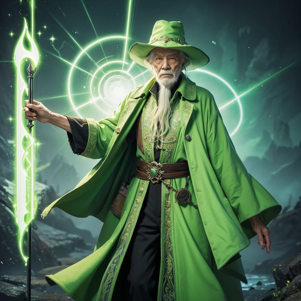 Create an image of an elderly person wearing a light green or lime green long coat, reminiscent of what a wizard would wear, and holding a short staff in one hand. Capture the essence of wisdom and mystique associated with a wizardly figure, with a magical aura or background elements that suggest arcane knowledge and power.