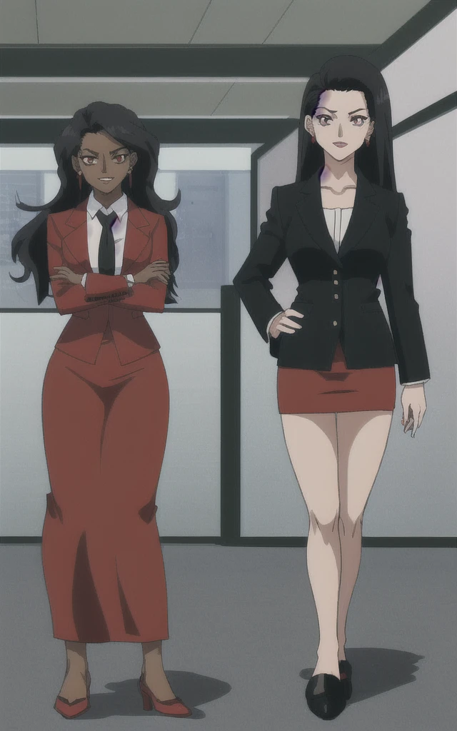 90s anime Evil black skinned business woman in a red skirt suit full body