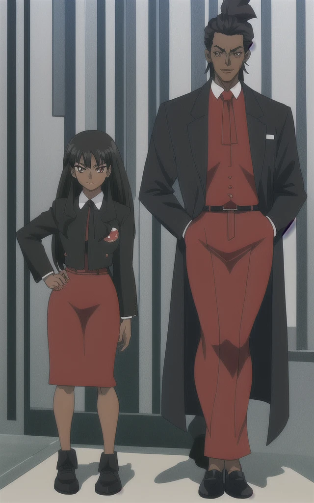 90s anime Evil black skinned business woman in a red skirt suit full body   