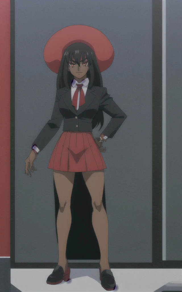 90s anime Evil black skinned business woman in a red skirt suit full body   