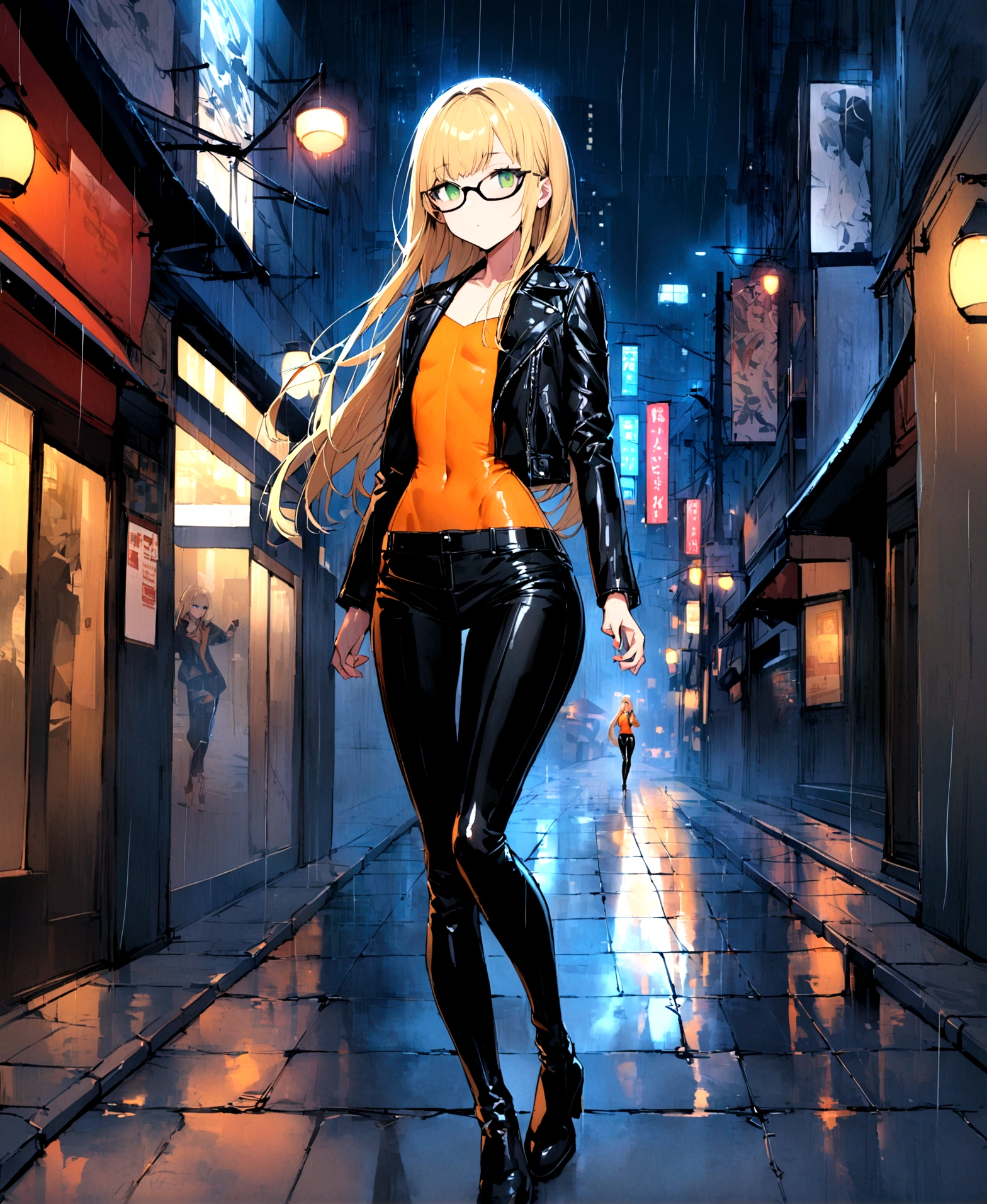 a beautiful girl, with long blonde hair, who wears black glasses, with wide hips, narrow waist, flat chest, pretty face, with green eyes, 18 years, perfect and glowing skin, wearing straight cut leather pants and a leather jacket, with an orange blouse, full body, That he is in a city at night and in the rain.
