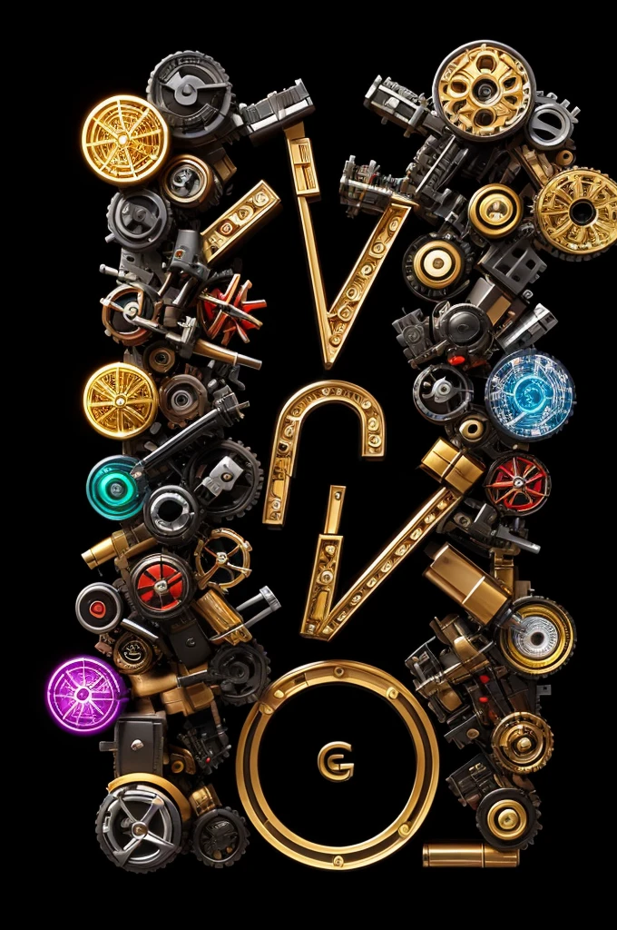 The letter "G" is formed with an amazing arrangement of various robot components. Super black background