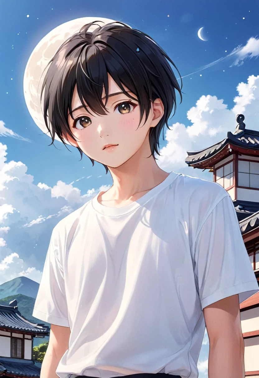 cute anime-style face, Chisato, black hair with bangs, cute and delicate face, young cute pale Asian face, Sakimichan, midday moon and stars in the sky, A handsome boy in a white shirt, Realistic anime boy