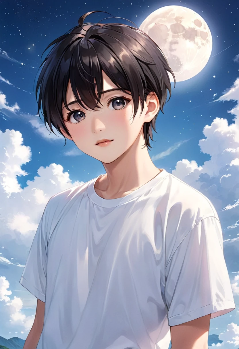 cute anime-style face, Chisato, black hair with bangs, cute and delicate face, young cute pale Asian face, Sakimichan, midday moon and stars in the sky, A handsome boy in a white shirt, Realistic anime boy