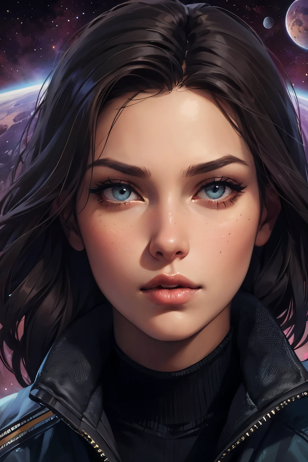 Close-up of a woman in a jacket and space background, Epic portrait illustration, Charlie Bowater's art style, Unreal 5. RPG Portrait, Close-up character portraits, Amazing digital illustrations, Charlie Bowter's Style, Artgerm JSC, Character art by Charlie Bowter, Detailed portraits, Beautiful SF Girl Portrait, Neo-artcore and Charlie Bowter