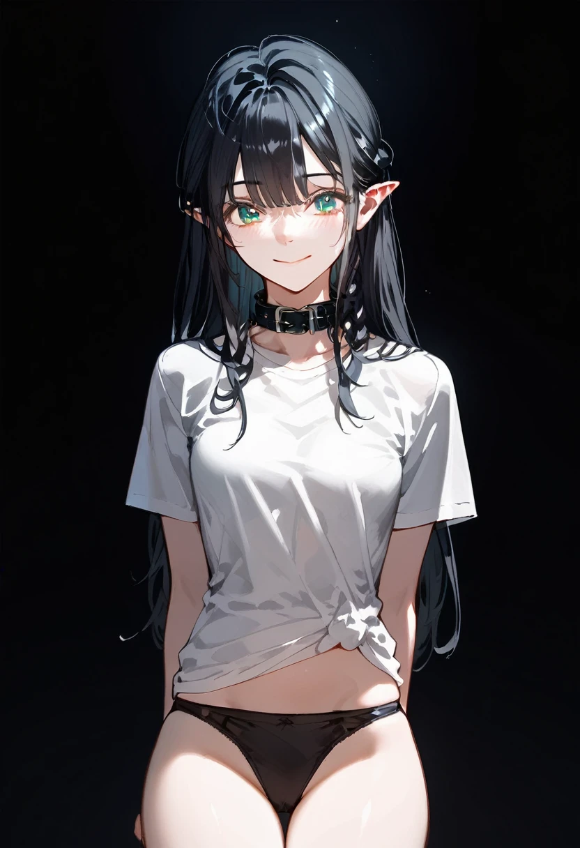 masterpiece,8K,Super detailed,best quality, (1 girl,alone), (long black hair,Straight Hair,Air bangs), (innocent aqua blue eyes), (Medium large, fair skin), (Wearing a simple white shirt, Black panties, To show your thighs), (Has black leather collar), (Facing the audience, Stand Up Straight), (The expression looks shy, but with a smile, ), (light black background, Center the character)