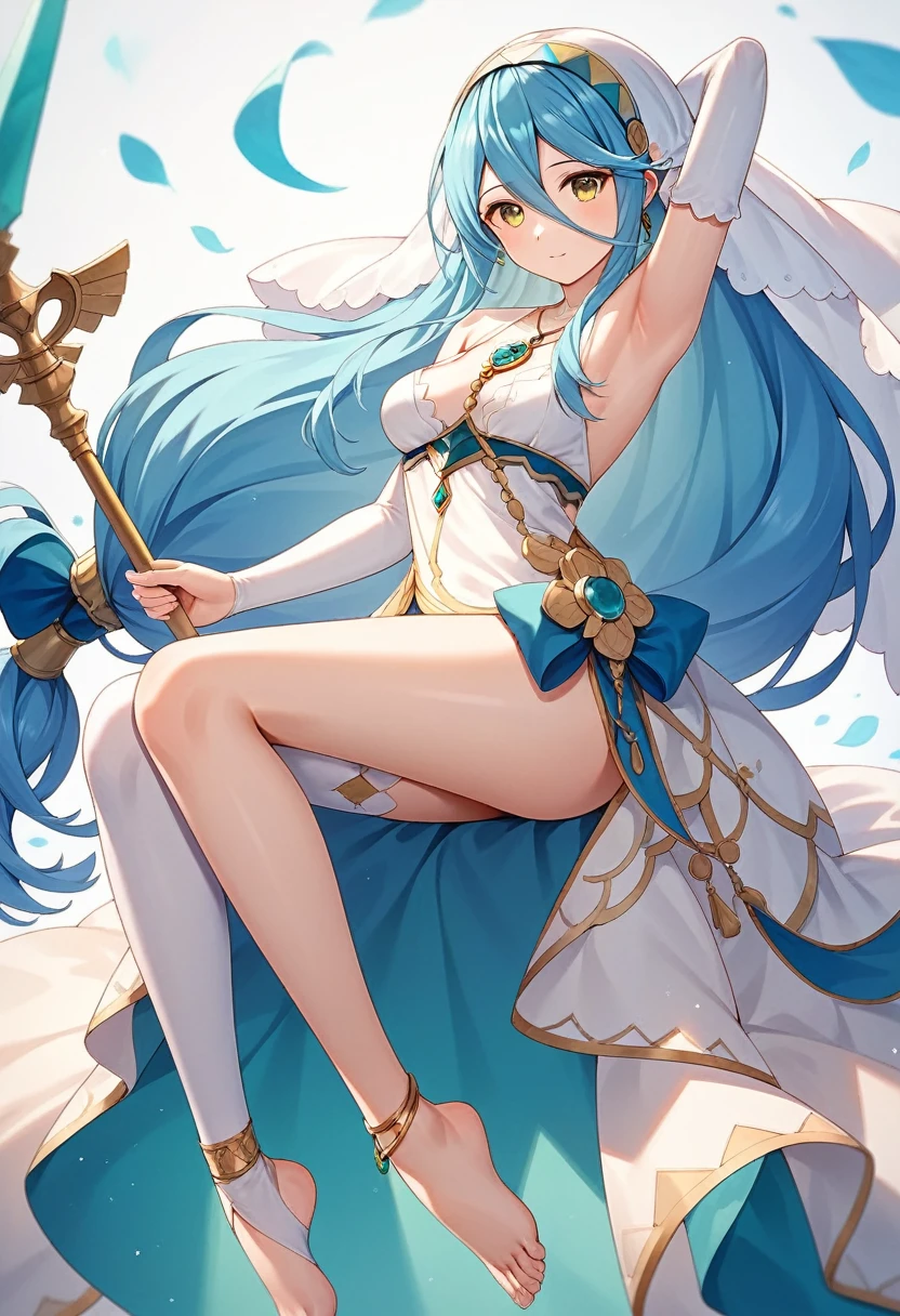 masterpiece, Highest quality, Very detailed, score_9, score_8_upper, score_7_upper, score_6_upper, アニメ, Aqua(Fire emblem), azura_(FEif), Low-tied_long_hair, light_blue_hair, Yellow Eyes, Asymmetrical legwear, barefoot, Opera Gloves, pendant,White legwear, Single bare leg, White Dress, hair band, Long hair between the eyes, Gold Anklet, Veil, Beautiful Eyes, Perfect Face, Perfect hands, Perfect Fingers, medium breasts, Very beautiful long legs, Thighs, spear, Have a weapon, armpits