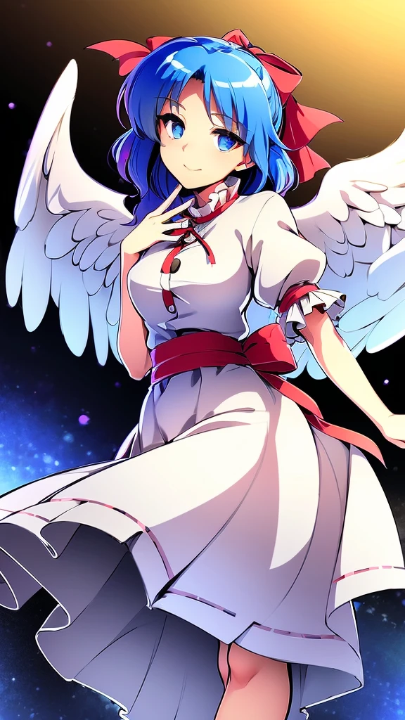 (best quality,4k,8k,highres,masterpiece:1.2), ultra-detailed, highly detailed texture, intricate details, A cute age angel with blue eyes, drawn in anime style, 1girl, , , 10 ydium blue hair, hair flaps, pink ribbon on head, well-formed face, blue eyes, angel girl, white blouse, puffy short sleeves, red ribbon, angel wings, long white skirt, red shoes, frills, ribbon head, A pair of angel wings on the back