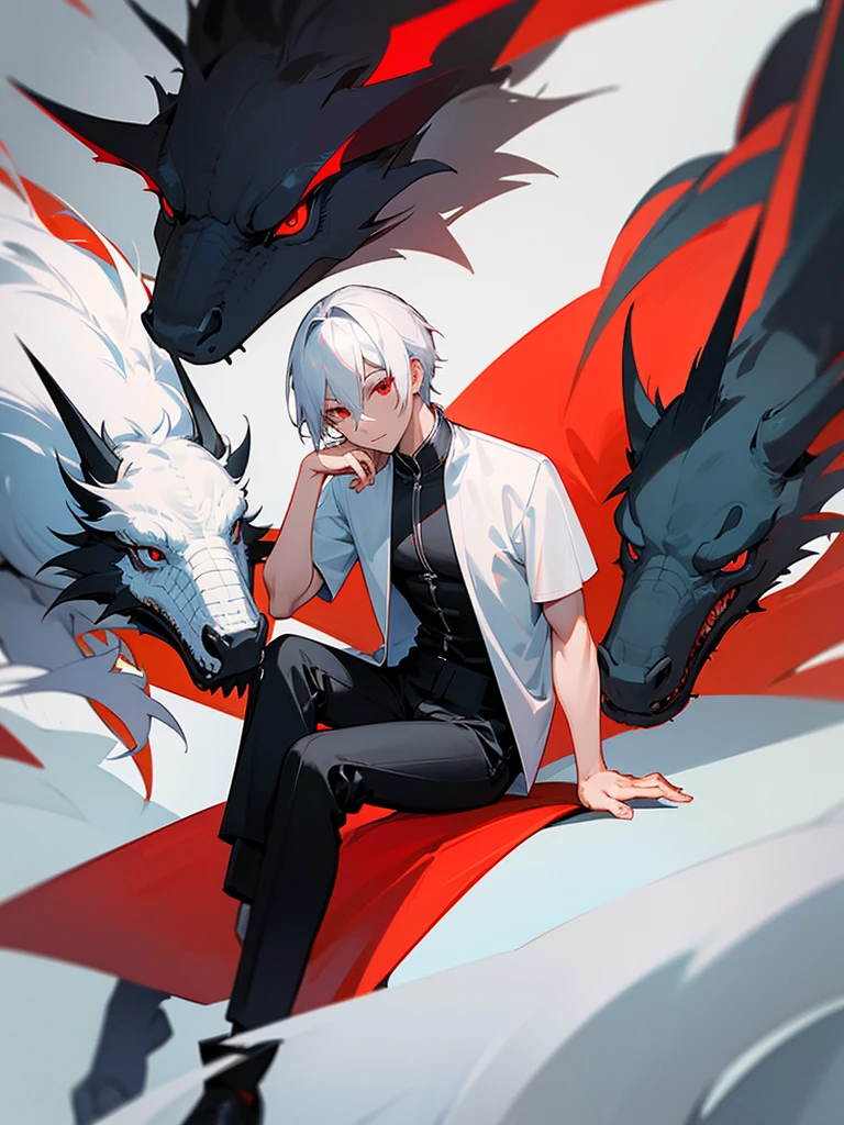 Photo of a handsome Asian man, sitting alone, White hair, red eye, daydreaming, dark forest, wearing black pants, white t-shirt with dragon image, fine quality, Good, photos taken by professional photographers