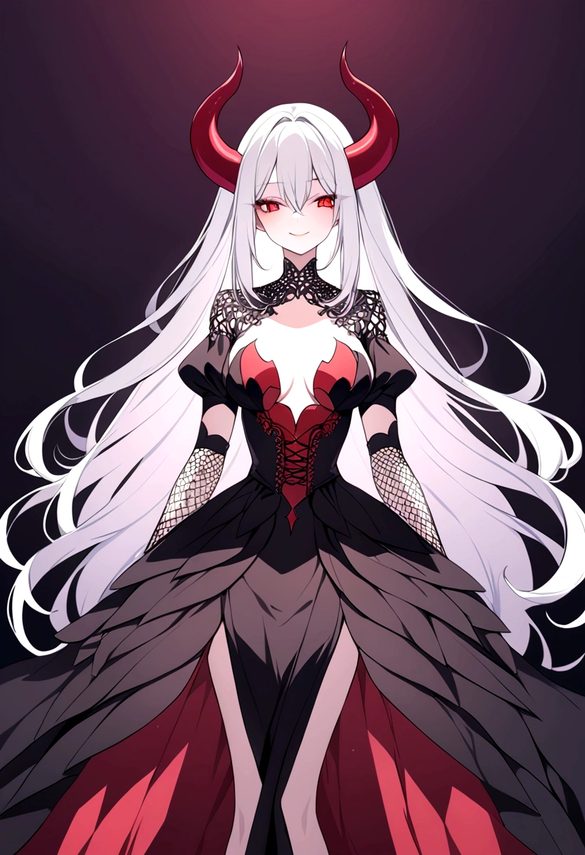 White hair demon woman red eyes big psychopathic smile in sexy gothic dress standing dark background with purple and red sparkles