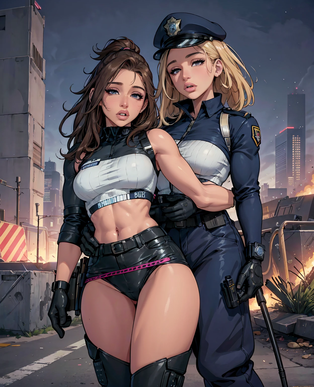 abella danger as police officer uniform, photorealistic, highly detailed, intricate details, hyper realistic, striking pose, intense gaze, gorgeous face, beautiful eyes, full lips, flawless skin, muscular body, confident expression, detailed police uniform, shiny badge, utility belt, tactical gear, holstered gun, dynamic lighting, cinematic lighting, dramatic shadows, rich colors, vibrant tones, gritty atmosphere, urban setting, city background, cinematic composition, award-winning photograph