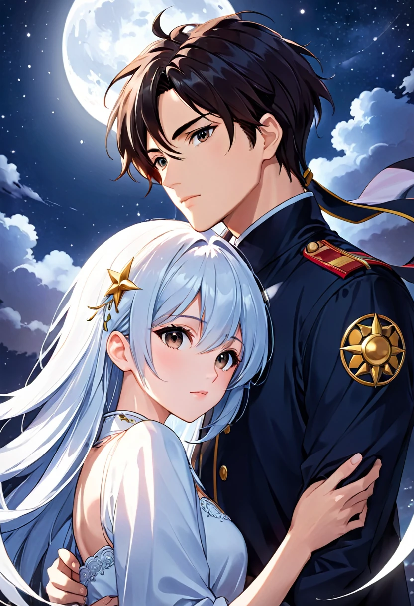 anime couple under the full moon and stars, 4k digital painting, anime portrait art, artgerm style, manga cover, moon behind them, clean detailed anime style, guys, digital anime illustration, clean detailed anime art, detailed manga style, illustration animation, anime style illustration, anime style 4k, detailed digital anime art((looking at viewer))